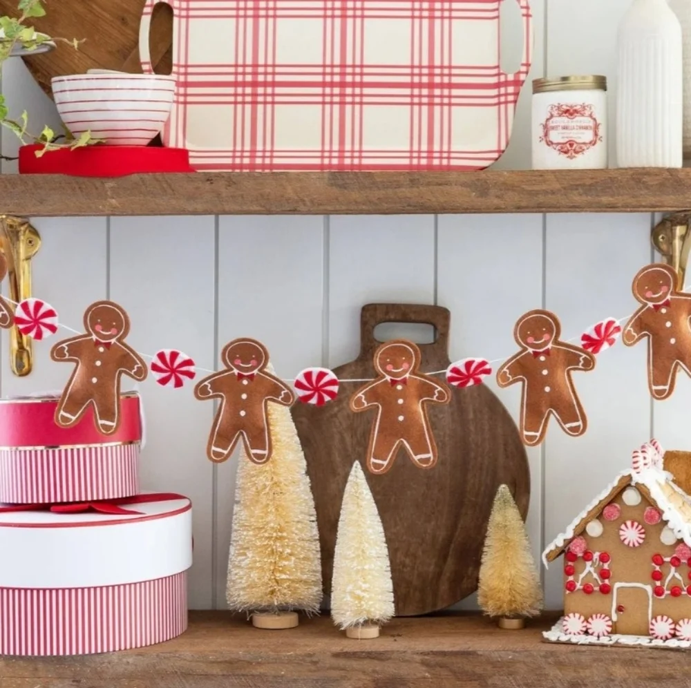 Felt Gingerbread Garland Banner Boy Girl Peppermint Candy Canes Christmas Decor